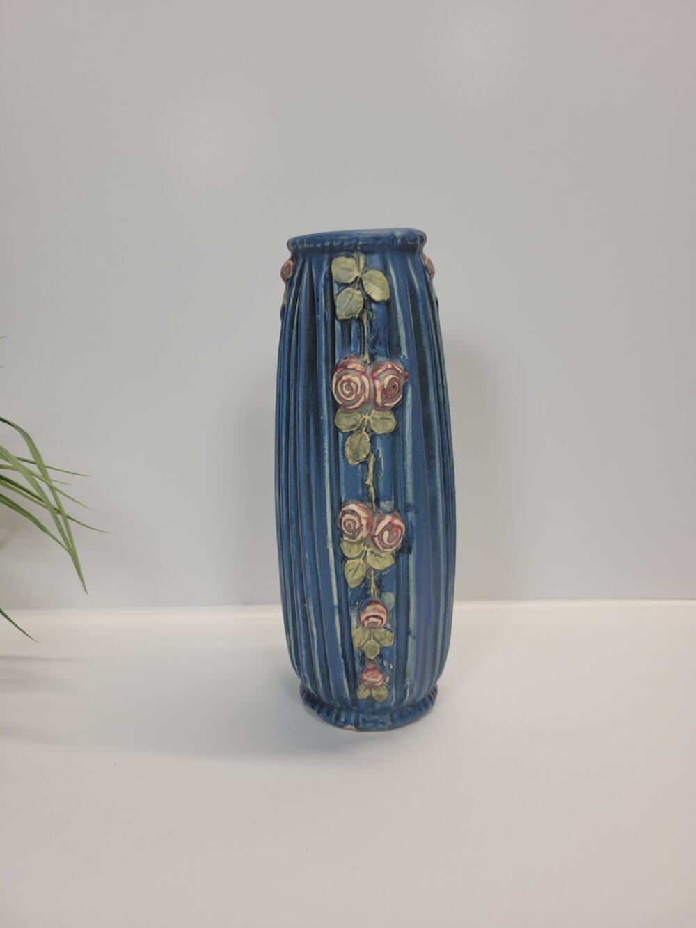 Antique Weller Pottery Blue Drapery 8" Vase Pink Roses Art Nouveau 1915 Vintage